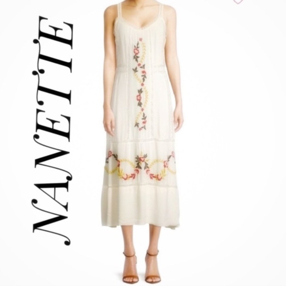 Nanette Lepore Embroidered Cream Boho Midi Dress Floral And Lace Accents Size 6 - Picture 3 of 16
